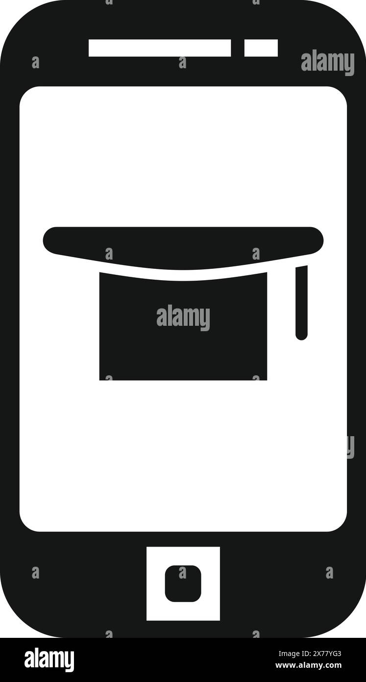 Illustrazione vettoriale di un semplice. Icona del concetto di formazione online accessibile per la tecnologia di apprendimento mobile su una piattaforma per classi virtuali. Con un cappuccio graduato. Smartphone. E il simbolo di elearning Illustrazione Vettoriale