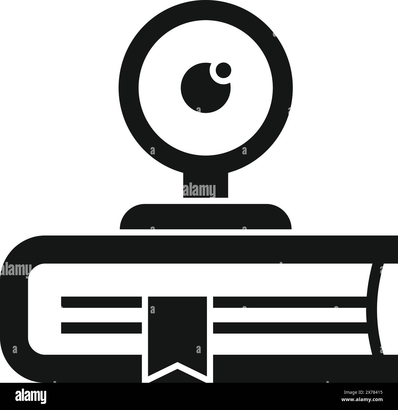 Concetto di eLearning e di formazione virtuale con l'icona di una webcam educativa in bianco e nero che simboleggia l'apprendimento online. Istruzione a distanza. E la tecnologia remota per le aule in un ambiente digitale Illustrazione Vettoriale