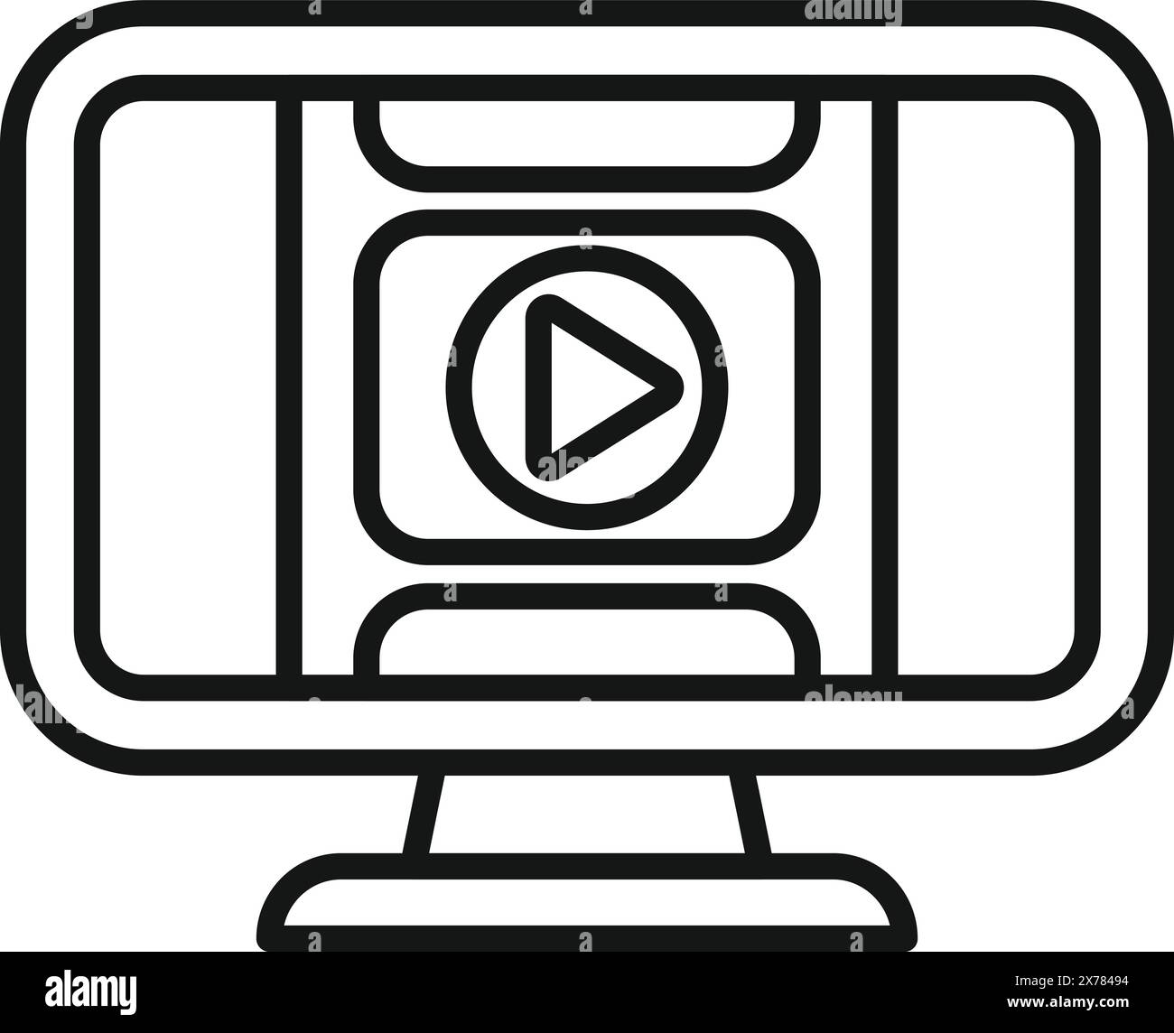Illustrazione grafica in linea di un monitor del computer che visualizza un pulsante di riproduzione centrale, che rappresenta il contenuto video Illustrazione Vettoriale