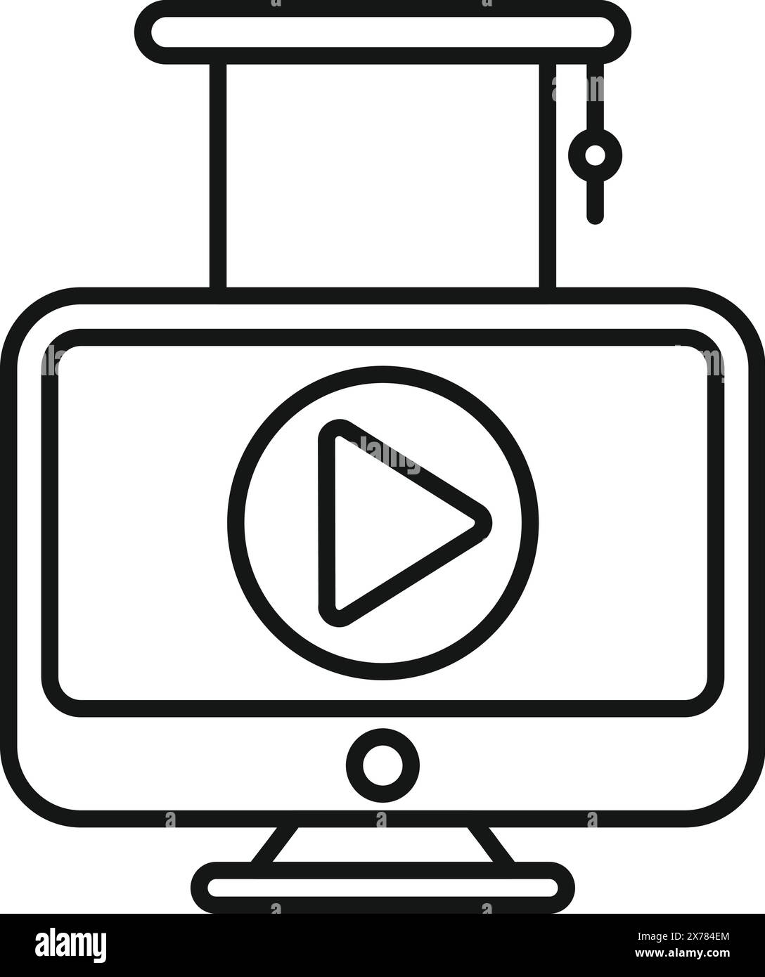 Icona lineare che rappresenta l'istruzione online con un cappello di laurea, simboleggia l'elearning e la laurea virtuale Illustrazione Vettoriale
