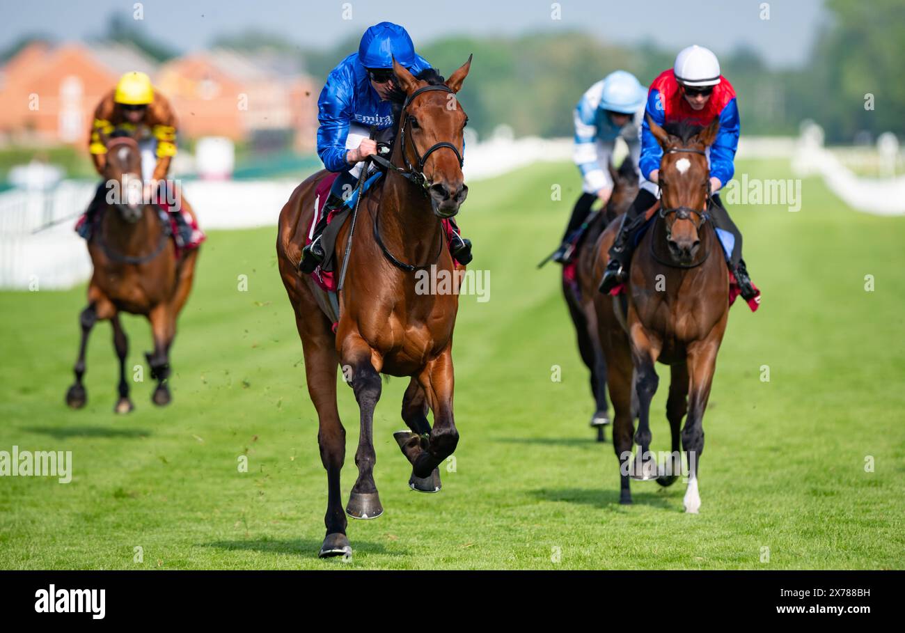 Newbury, Regno Unito, sabato 18 maggio 2024; Diamond Rain e il fantino William Buick vincono l'Haras de Bouquetot Fillies' Trial Stakes (elencato) per l'addestratore Charlie Appleby e il proprietario Godolphin. Crediti JTW equine Images / Alamy. Foto Stock