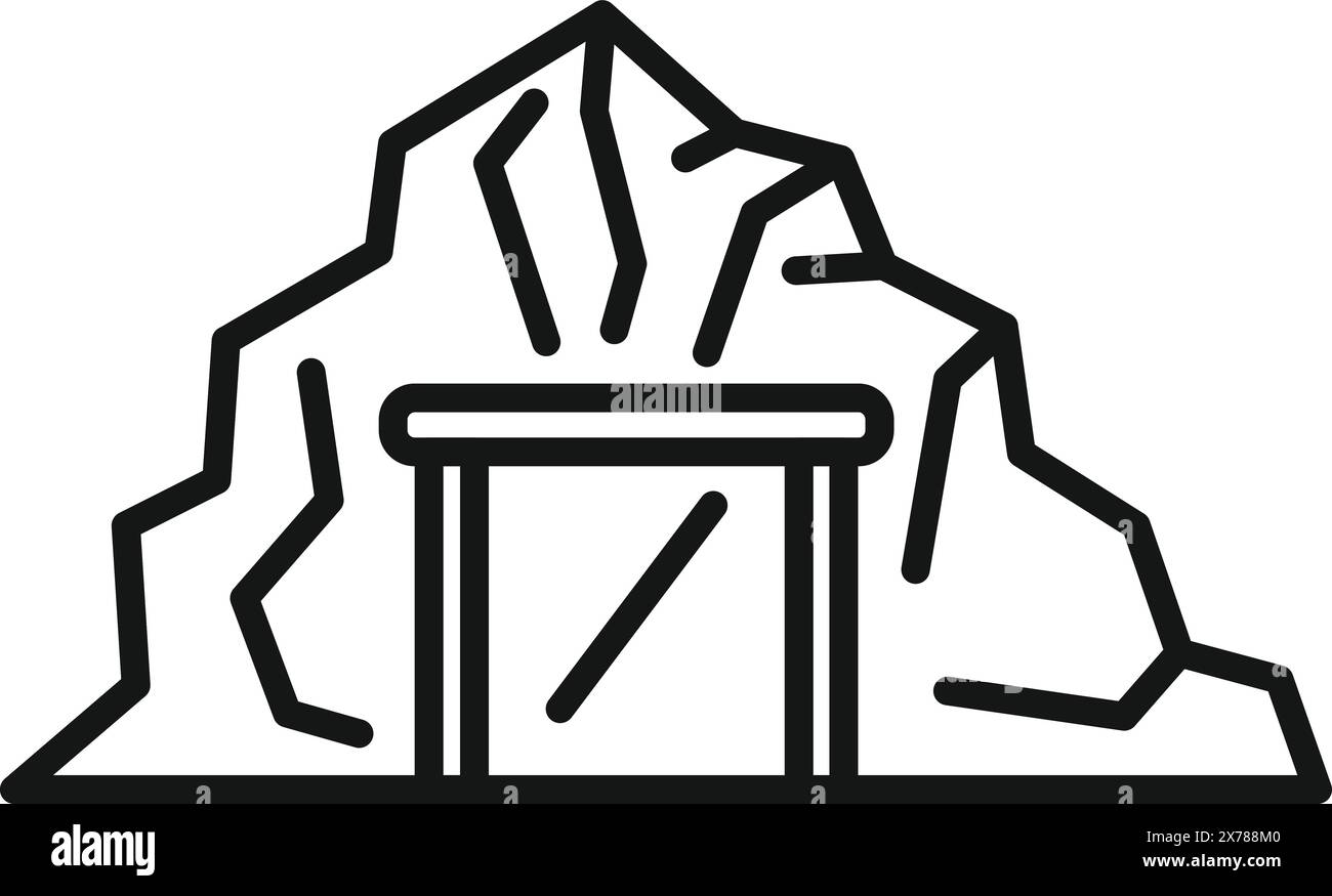 Disegno minimalista in bianco e nero di una semplice entrata nella grotta circondata da rocce Illustrazione Vettoriale