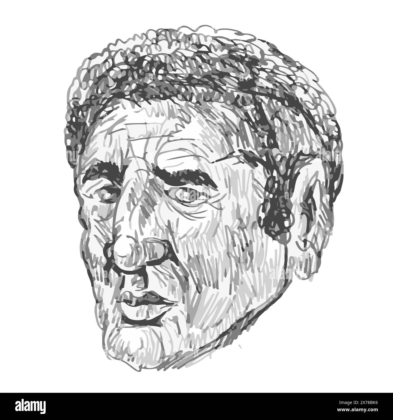 Disegno o illustrazione della testa di un uomo afroamericano di umore pensivo, visto dalla parte anteriore su sfondo isolato realizzato in scala di grigi monocromatica retrò Illustrazione Vettoriale