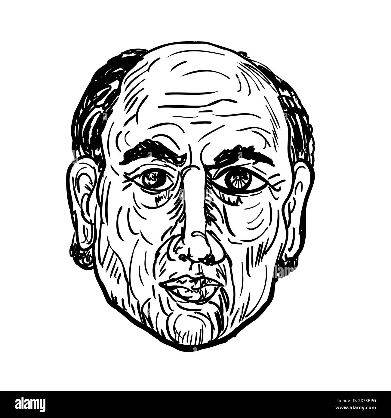 Disegno in stile schizzo illustrazione di una testa di un uomo calvo caucasico vista frontale su sfondo isolato realizzato in ilne art bianco e nero. Illustrazione Vettoriale