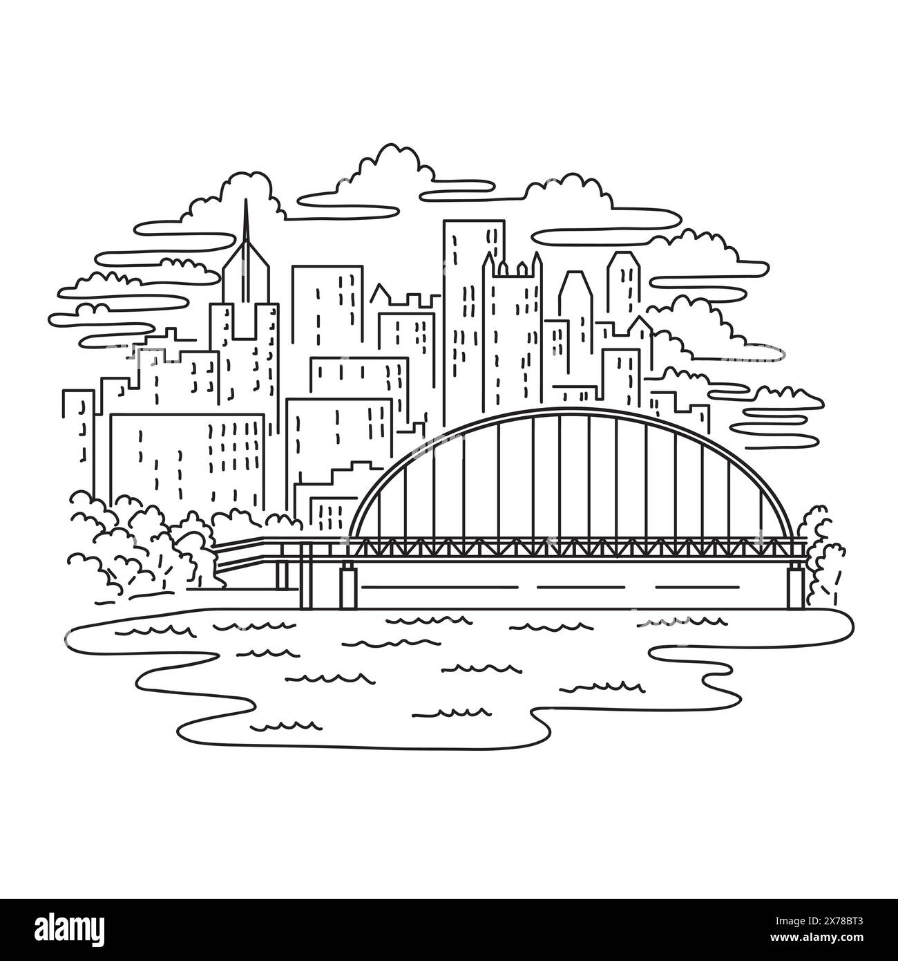 Illustrazione mono-linea del ponte di Fort Pitt che attraversa il fiume Monongahela a Pittsburgh, Pennsylvania, Stati Uniti d'America, fatto in linea monolina Illustrazione Vettoriale