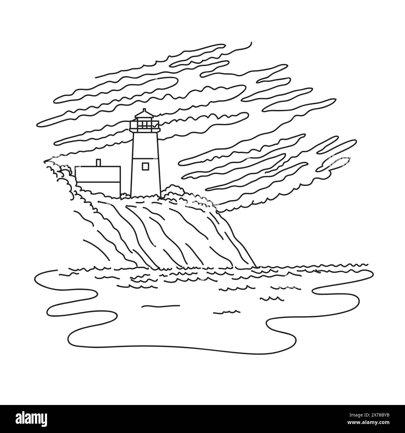 Illustrazione mono line di Nauset Light o Nauset Beach Light Lighthouse sulla spiaggia nazionale di Cape Cod vicino a Eastham, Massachusetts USA, in monolina Illustrazione Vettoriale