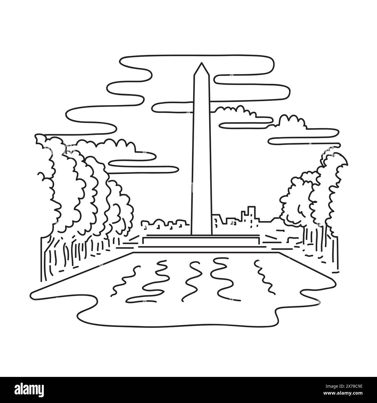 Illustrazione monolinea del Monumento a Washington sul National Mall di Washington, DC Stati Uniti d'America realizzata in linea monolina nera e bianca Illustrazione Vettoriale