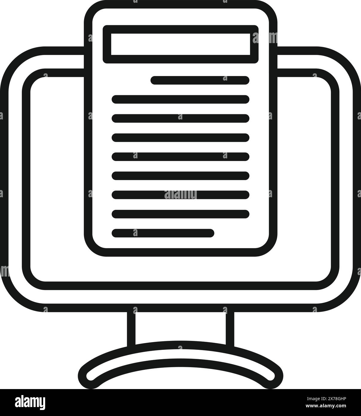 Moderna illustrazione vettoriale dell'icona di un articolo online sul monitor del computer per contenuti Web, blog, notizie e pubblicazione di informazioni. Design grafico in bianco e nero con semplice simbolo grafico isolato Illustrazione Vettoriale