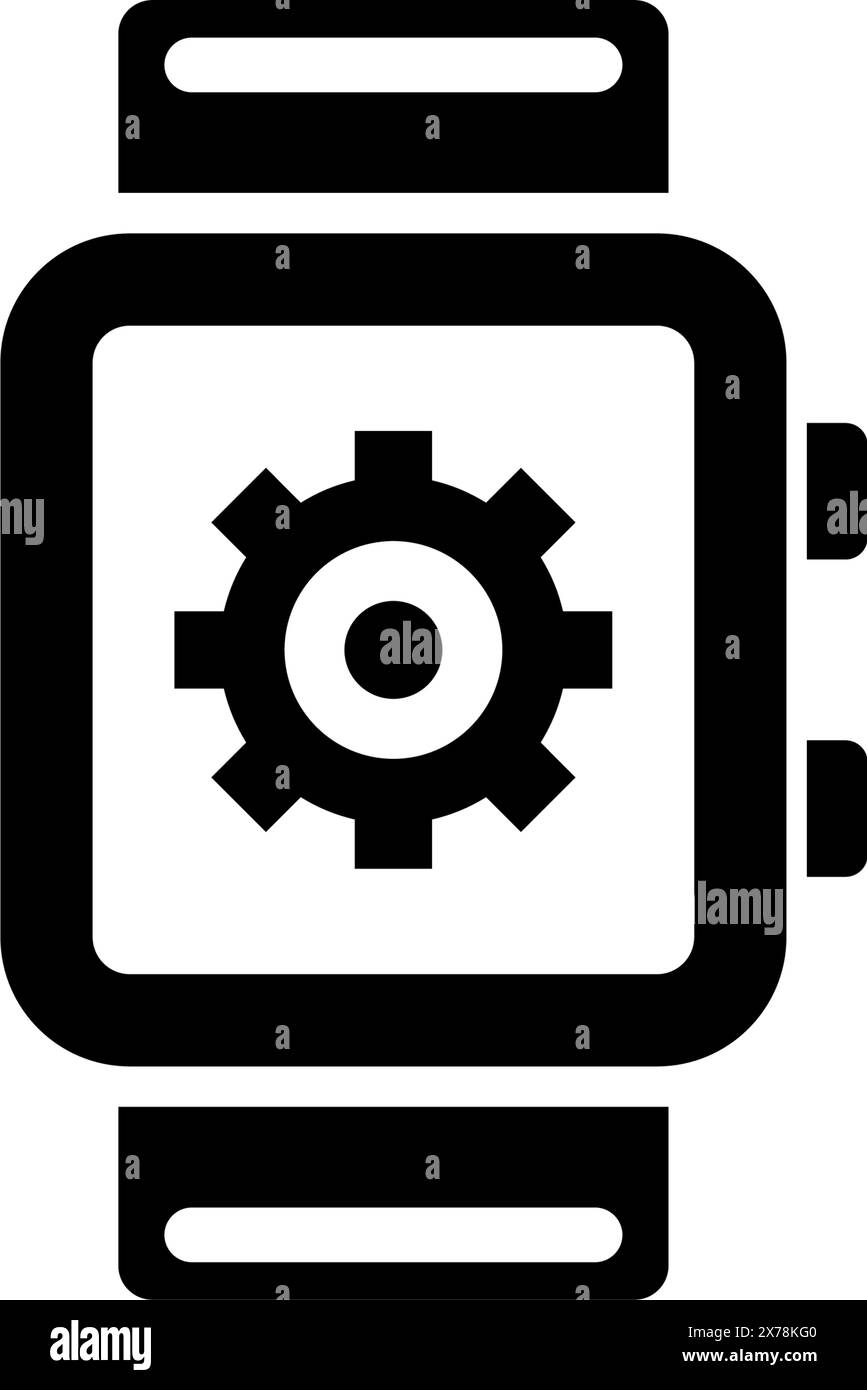 Un'icona monocromatica che raffigura uno smartwatch con il simbolo di un ingranaggio, che rappresenta le impostazioni del dispositivo, la personalizzazione o le opzioni di configurazione per la tecnologia indossabile Illustrazione Vettoriale