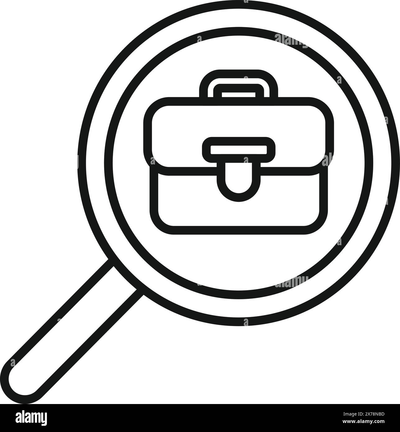 Illustrazione vettoriale in bianco e nero di una lente d'ingrandimento incentrata su una valigetta, che simboleggia la caccia al lavoro Illustrazione Vettoriale