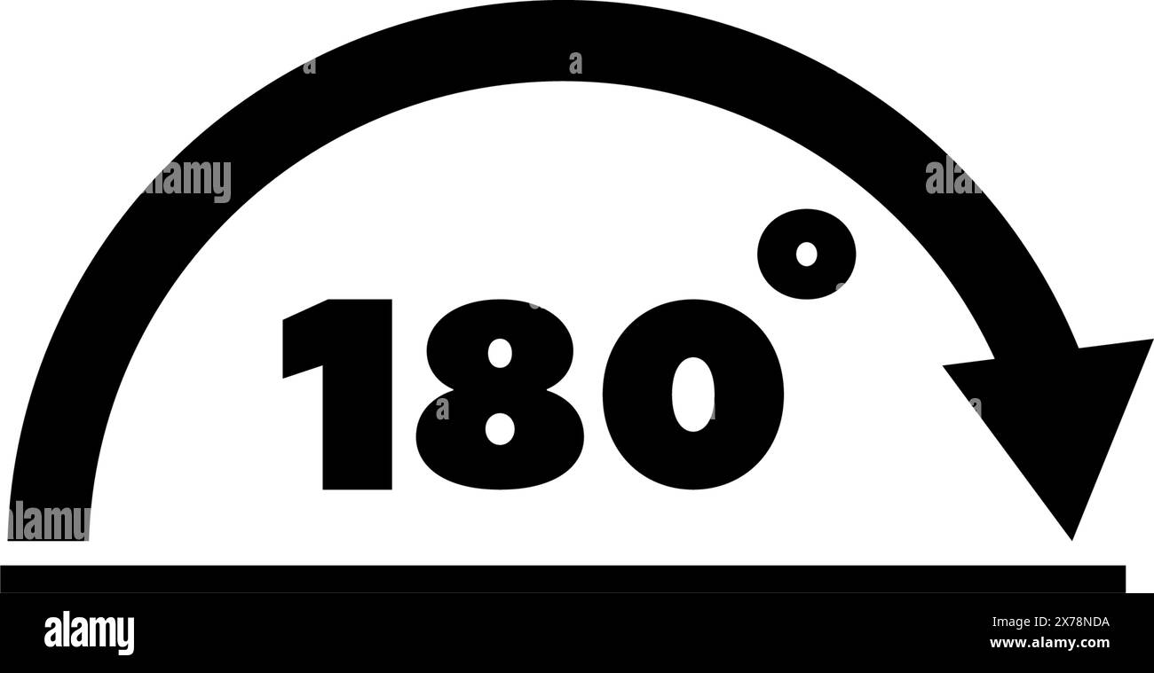 Una semplice icona in bianco e nero raffigurante una forma semicircolare con il numero 180 all'interno, che rappresenta un angolo o una rotazione di 180 gradi Illustrazione Vettoriale