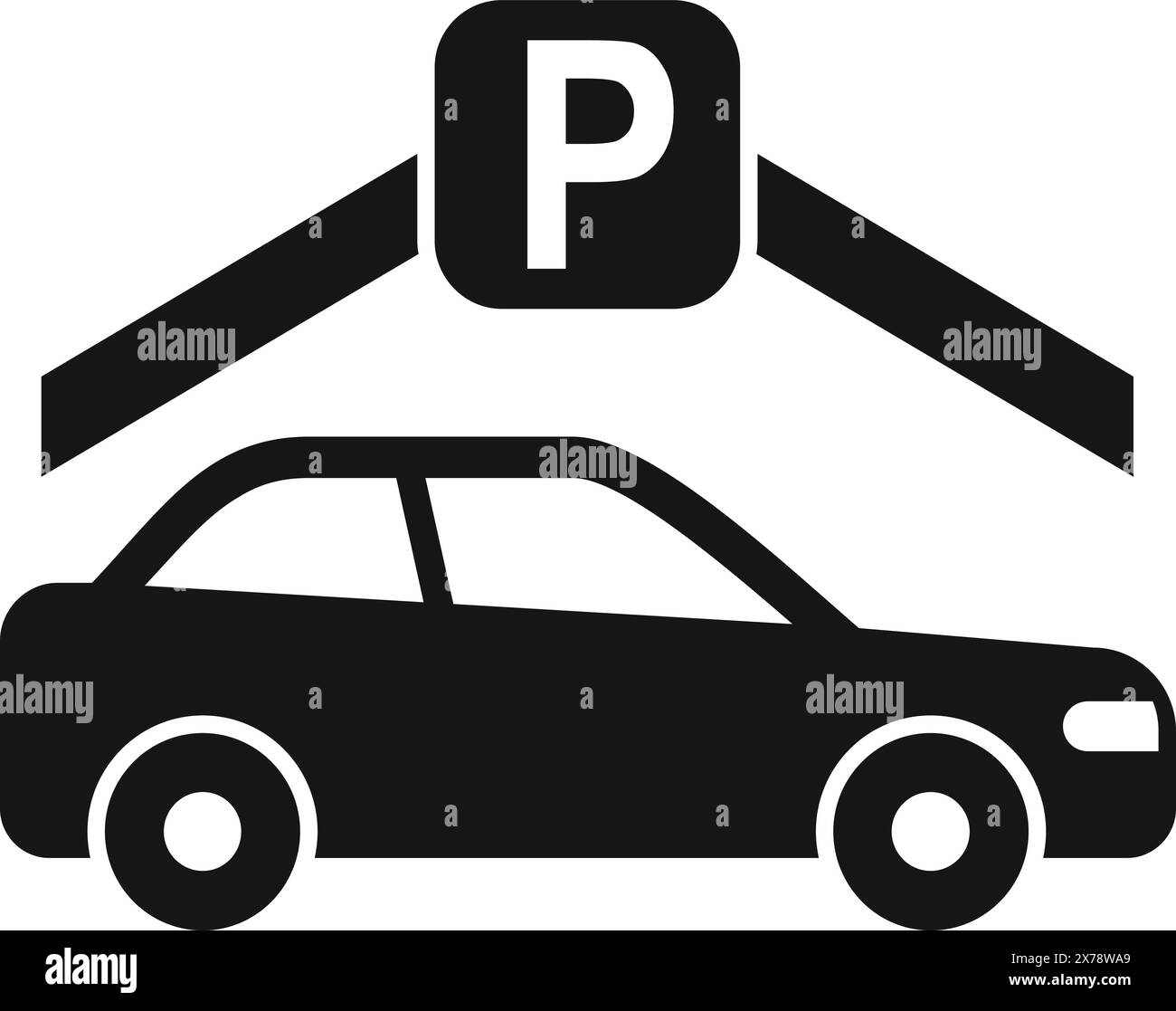 Icona di parcheggio semplice e minimalista con design vettoriale in bianco e nero, che rappresenta il simbolo del trasporto del veicolo Illustrazione Vettoriale