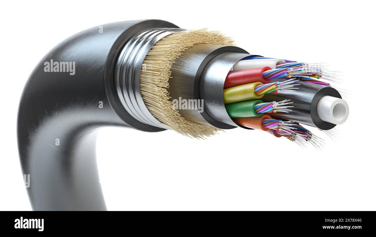 Cavo in fibra ottica. Struttura del cavo in fibra ottica autoportante multimodale per tutti i supporti isolata su bianco. illustrazione 3d. Foto Stock