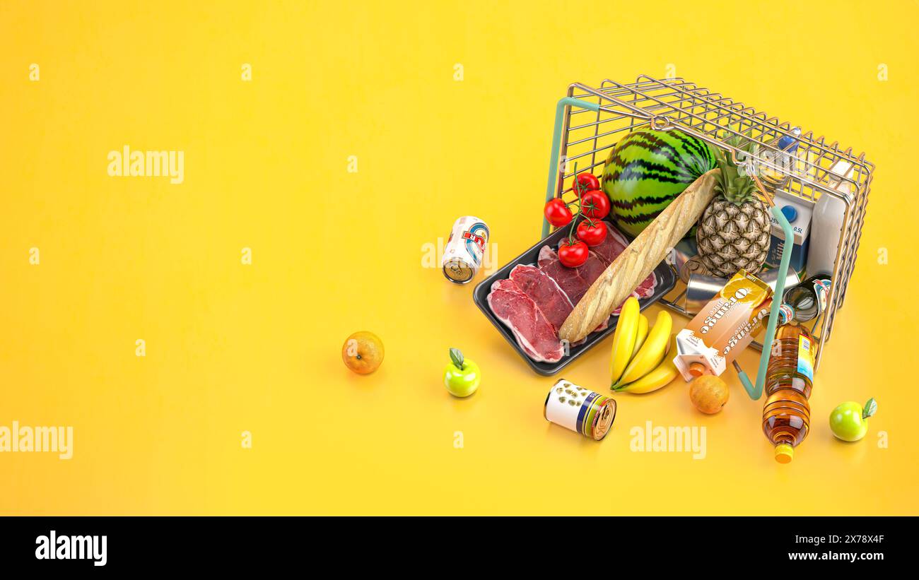 Cestino rovesciato pieno di prodotti alimentari, cibo e bevande su sfondo giallo. illustrazione 3d. Foto Stock