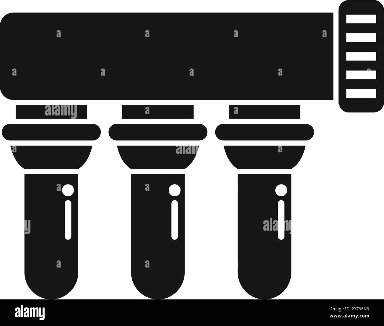 Icona vettoriale che presenta tre filtri dell'acqua con indicatore di misurazione, in bianco e nero Illustrazione Vettoriale