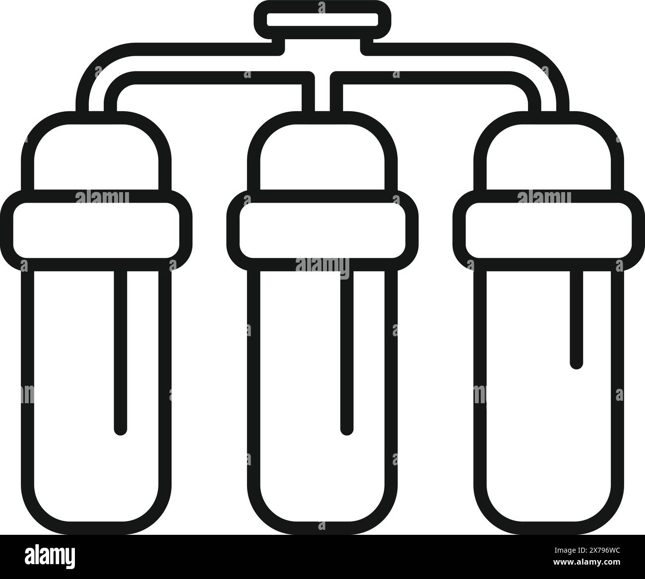 Illustrazione vettoriale di un'icona minimalista del sistema di filtraggio dell'acqua in bianco e nero con il simbolo del contorno, che rappresenta la tecnologia di purificazione del triplo, l'impianto idraulico e il rubinetto Illustrazione Vettoriale