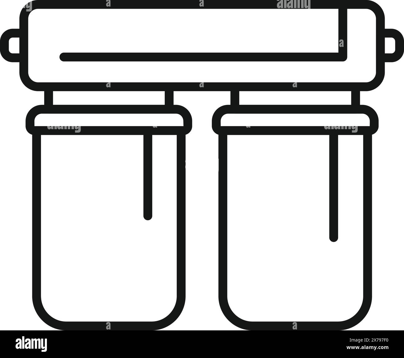 Illustrazione vettoriale di una semplice icona di purificazione dell'acqua in bianco e nero per un'acqua potabile pulita e sicura. Raffigurante un sistema di filtraggio per elettrodomestici e per la cucina Illustrazione Vettoriale