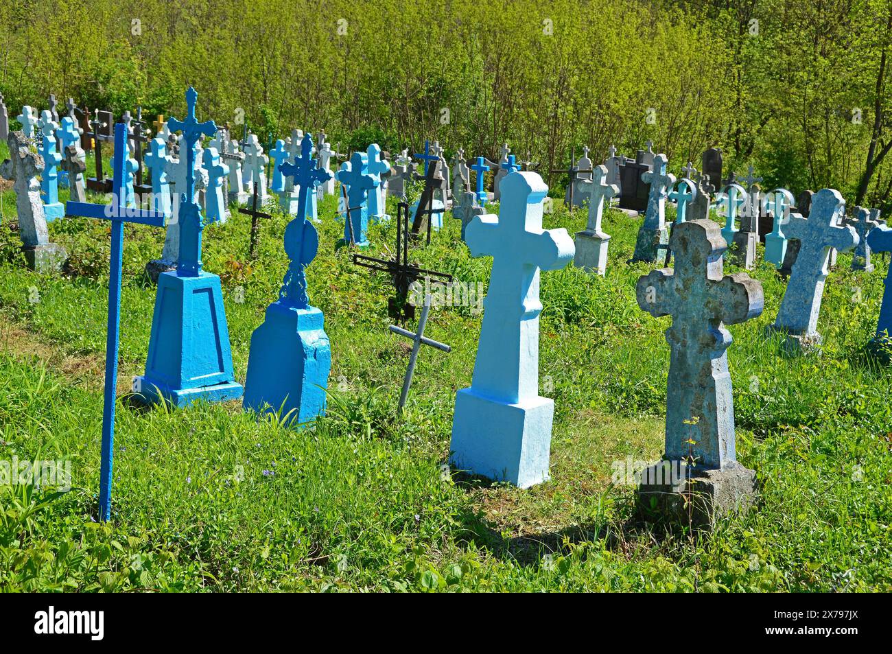 Croci di pietra e metallo nel vecchio cimitero nel villaggio di Nezvysko in Ucraina. Nitidezza selettiva Foto Stock