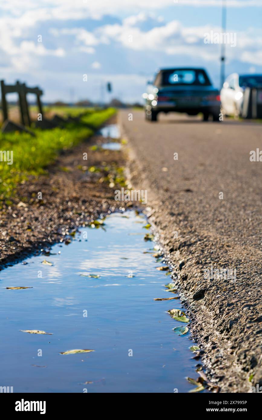 Una tranquilla strada rurale con una pozzanghera riflettente, fiancheggiata da una vegetazione lussureggiante e da un'auto in movimento sfocata sotto un vasto cielo blu nuvoloso. Questa immagine acquisisce Foto Stock