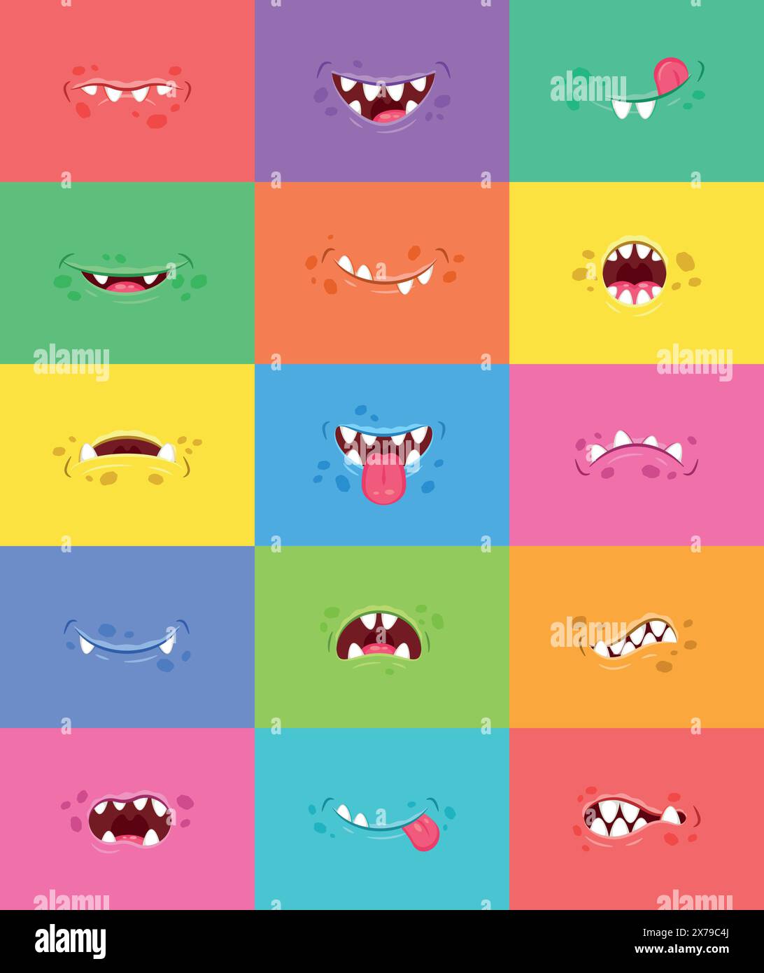 Set di 15 divertenti bocche di mostri. Folli emoticon dei cartoni animati. Illustrazione vettoriale. Illustrazione Vettoriale