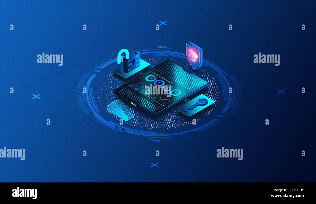 Concetto di sicurezza dei dati - pratica di protezione delle informazioni digitali da accessi non autorizzati durante tutto il ciclo di vita - illustrazione 3D. Foto Stock