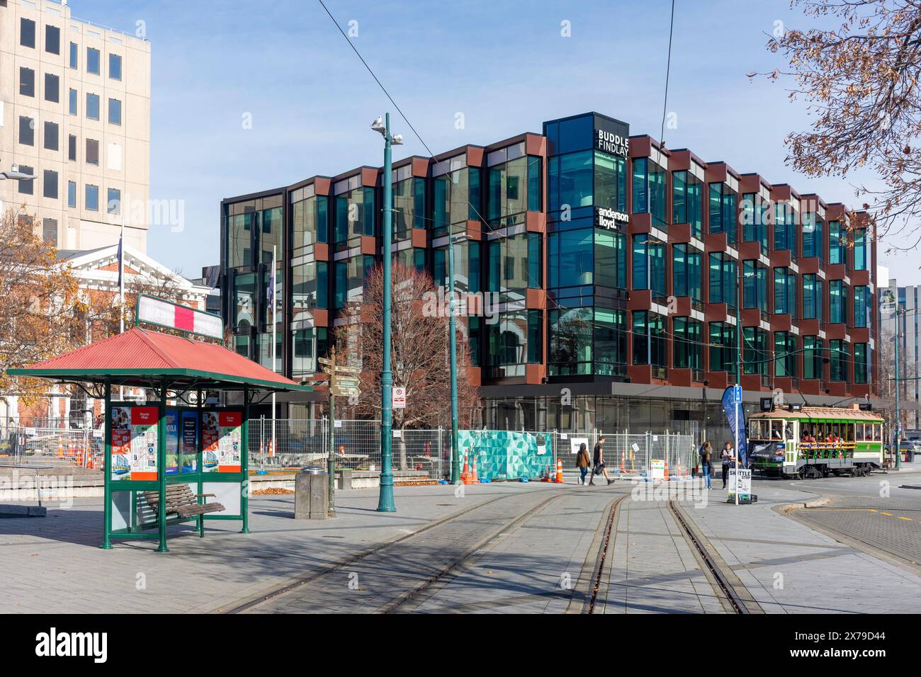 Tour della città in tram in Cathedral Square, Christchurch Central, Christchurch (Ōtautahi), Canterbury, nuova Zelanda Foto Stock