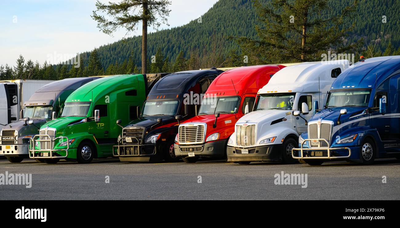 North Bend, WA, USA - 1° gennaio 2024; fila di colorate cabine americane per camion merci a lunga distanza parcheggiate insieme a una carenatura aerodinamica del tetto Foto Stock