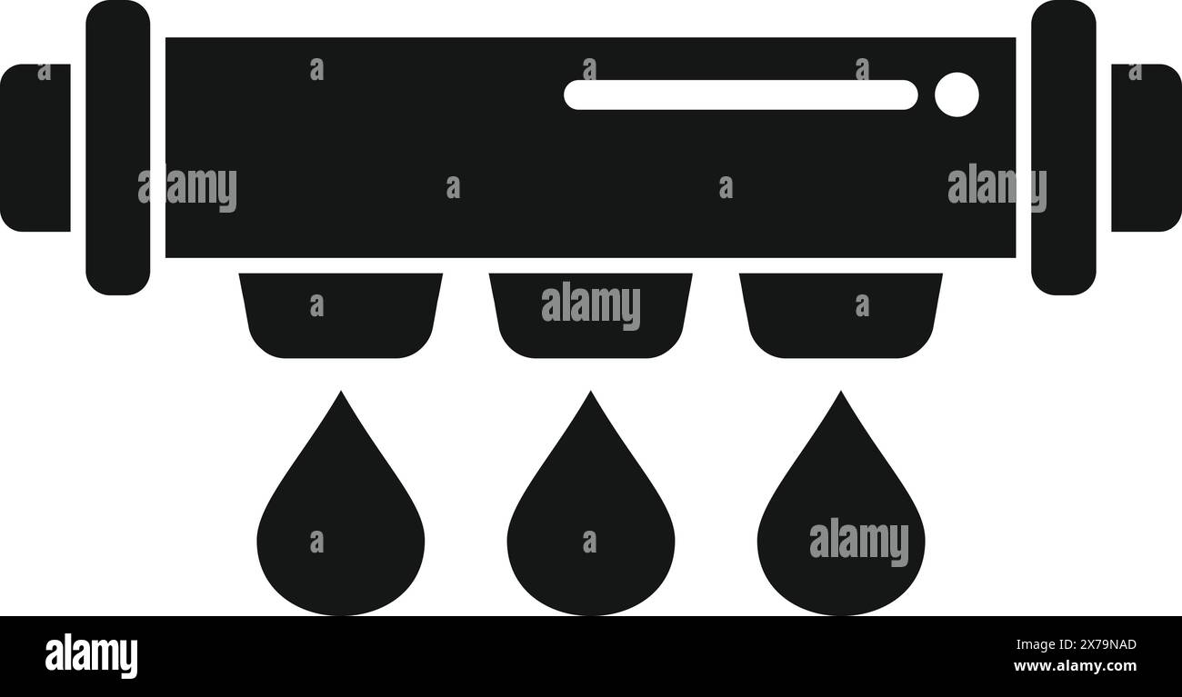 Icona di filtraggio dell'acqua con goccioline e illustrazione del vettore del filtro per la purificazione e l'acqua potabile pulita, isolata in bianco e nero. Perfetto per i design di elettrodomestici e accessori idraulici Illustrazione Vettoriale