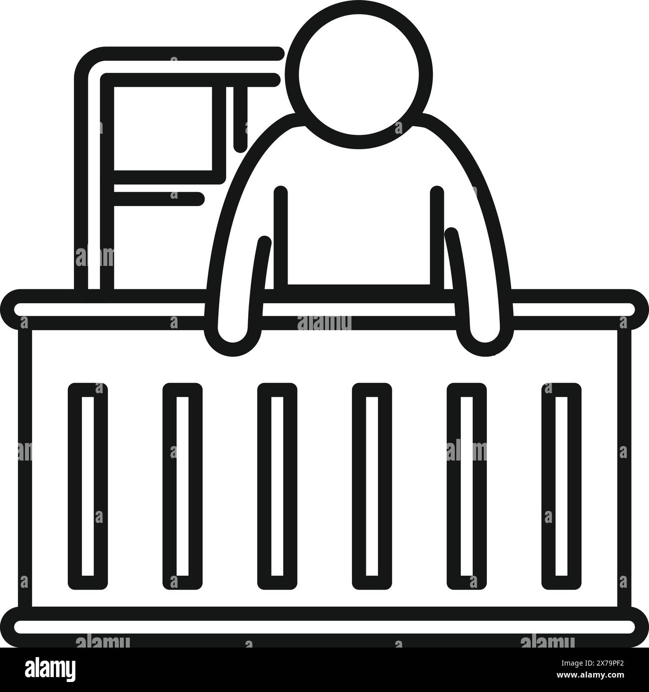 Icona di contorno che illustra un cassiere in piedi presso un banco cassa del supermercato Illustrazione Vettoriale