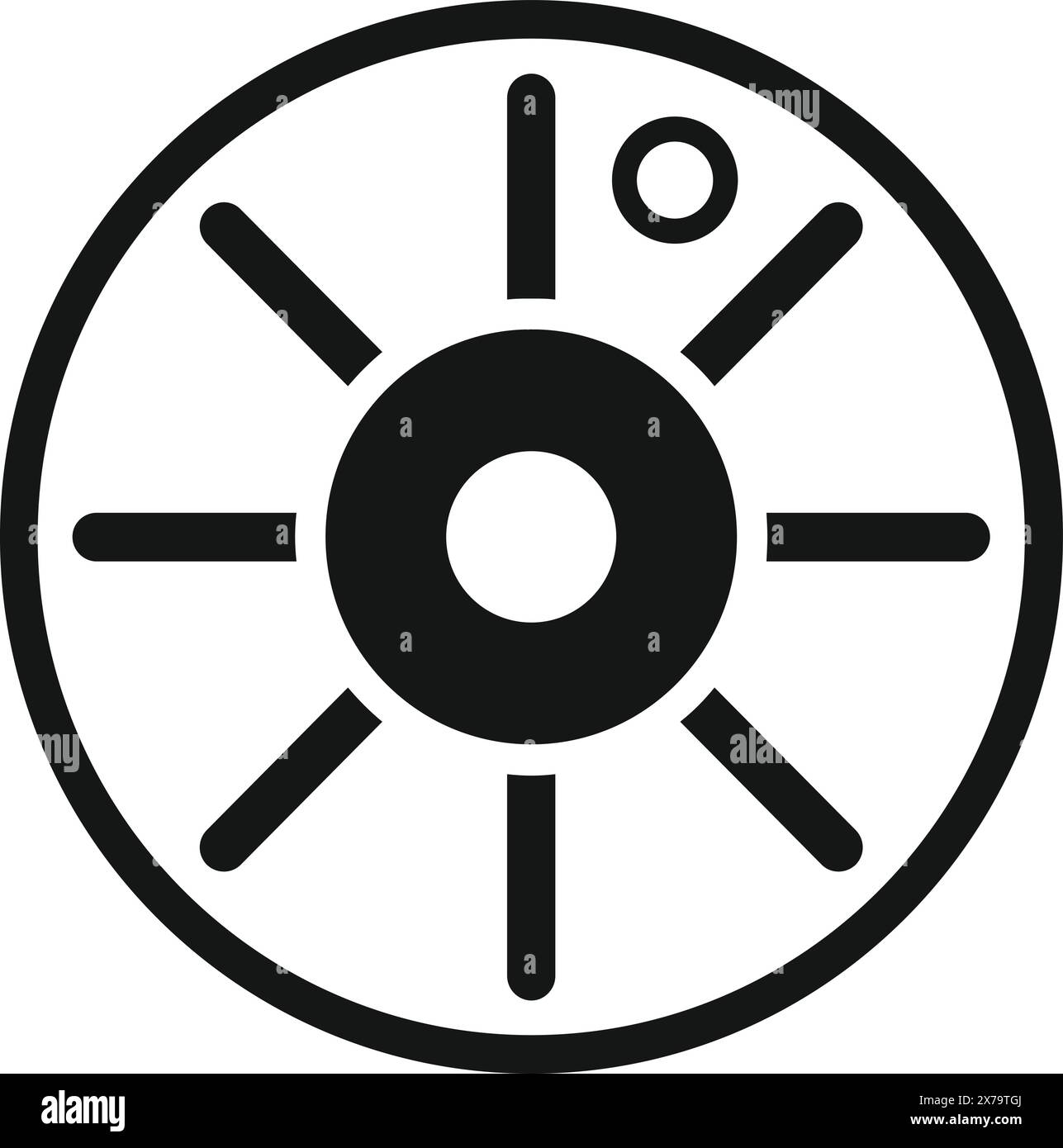 Grafica semplice in bianco e nero di un simbolo solare stilizzato, ideale per loghi ed elementi di design Illustrazione Vettoriale