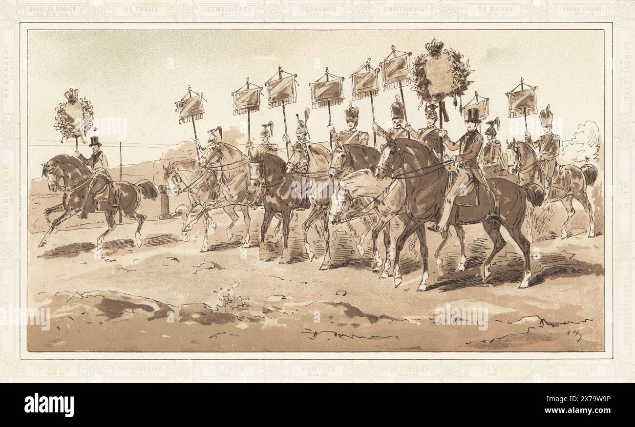 Parata a cavallo degli striscioni dei ministri delle Ferrovie belghe, 1835-1885. Charles Rogier, de Theux, Desmaisieres, Dechamps, d'Hoffschmidt, de Bavay, Frere Orban, Sainctelette, Olin, Vandenpeereboom, Wasseige, Moncheur, Beernaert, Rolin, van Hoorebeke, Dumon, Partoes, van der Stichelen, Jamar, Jacobs. Cartels des Ministres des Chemins de Fer. Litografia colorata dopo un'illustrazione di Armand Jean Heins dal Cortege Historique des Moyens de Transport di Edmond Cattier, Historical Cortege of Modes of Transport, Libraire Universelle de Veuve J. Rozez, Bruxelles, 1886. Foto Stock