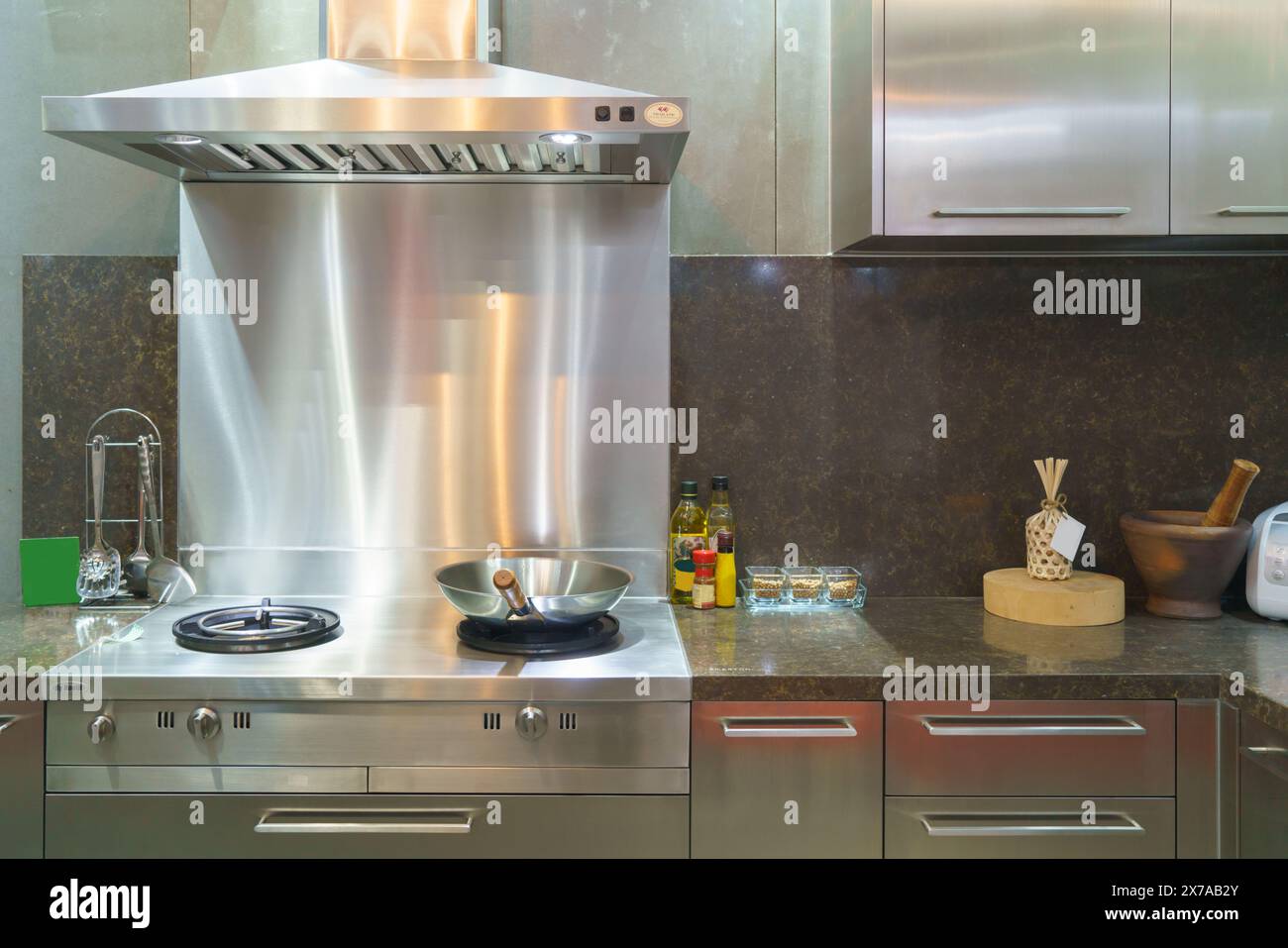 Foto interna di una cucina moderna. Con un'elegante stufa, un lavandino elegante e una sofisticata cappa di scarico, questo spazio incarna la fusione perfetta Foto Stock