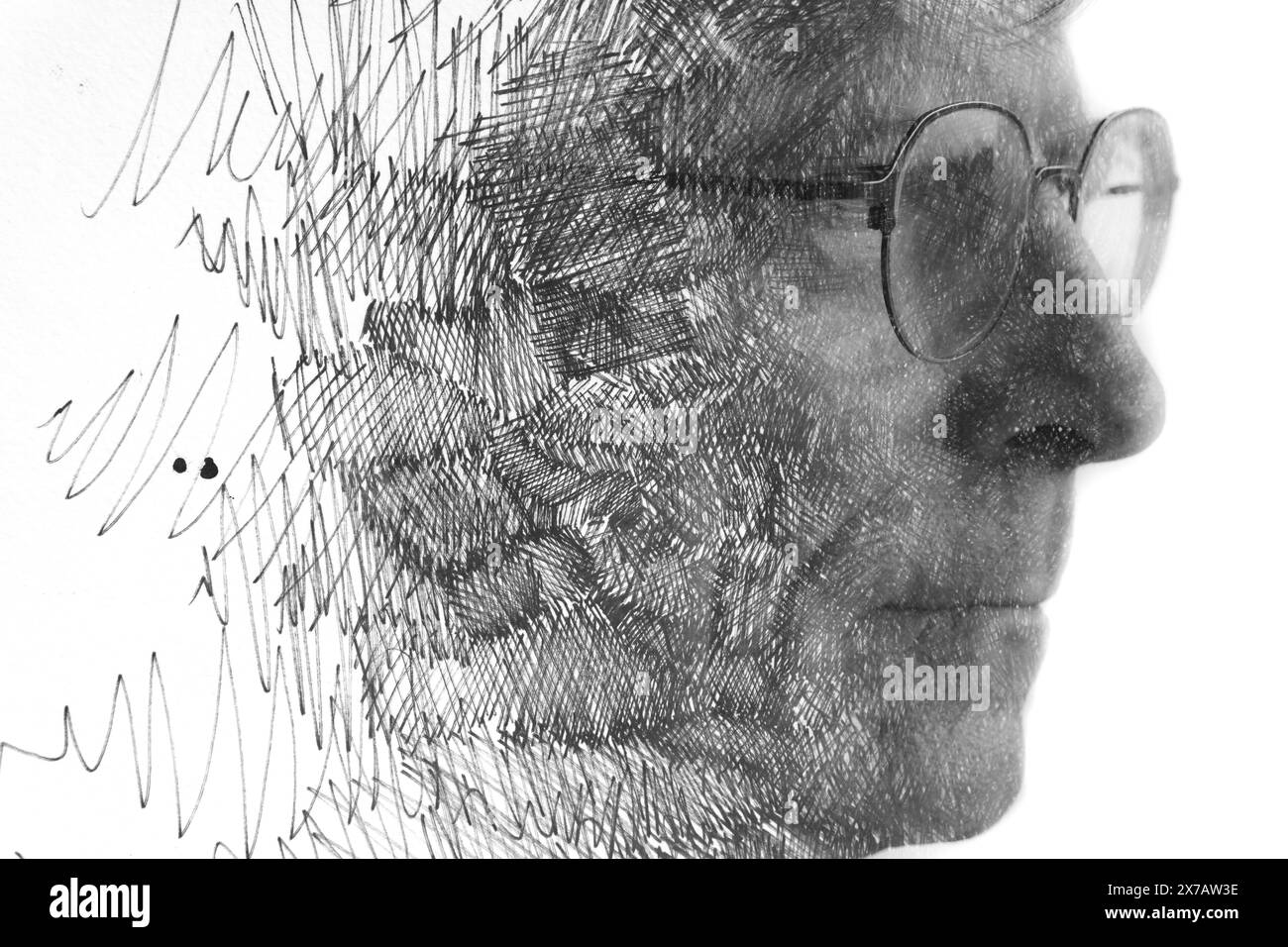 Un profilo grafico in bianco e nero di un uomo con occhiali Foto Stock