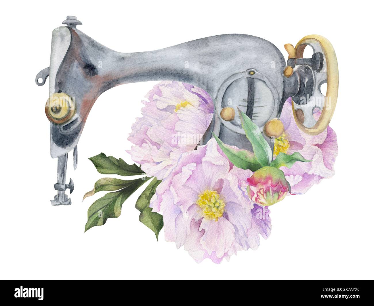 Illustrazione ad acquerello disegnata a mano per cucire forniture di imbarcazioni. Macchina da cucire vintage retrò con fiori e foglie di peonia rosa. Composizione isolata su Foto Stock