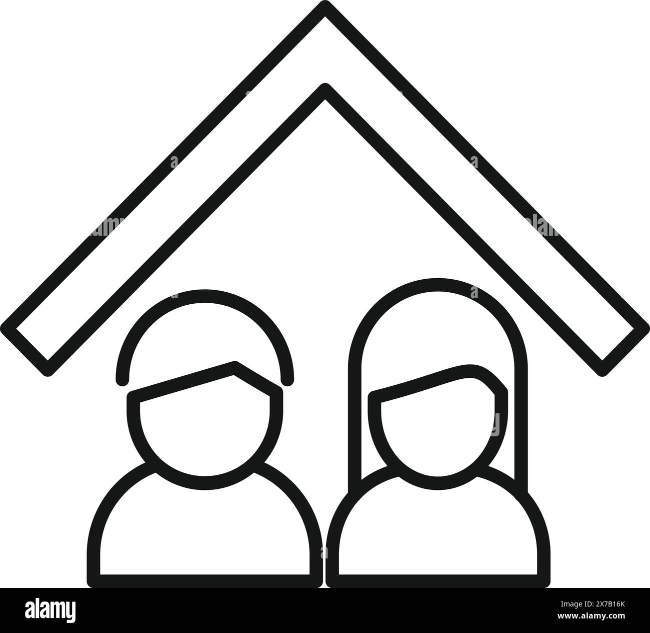 Semplice icona a forma di linea che rappresenta il soggiorno a casa con un contorno di una casa e due figure sotto Illustrazione Vettoriale