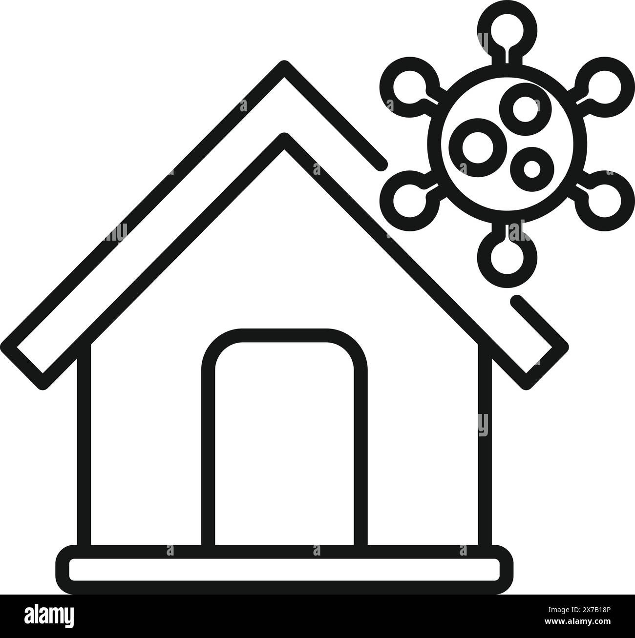 Semplice icona di linea raffigurante una casa con un simbolo di virus, che rappresenta stare al sicuro a casa durante una crisi di salute Illustrazione Vettoriale