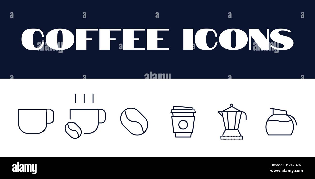 Set di icone delle bevande a base di caffè. Illustrazione vettoriale dell'icona bevande della linea del caffè. Illustrazione Vettoriale