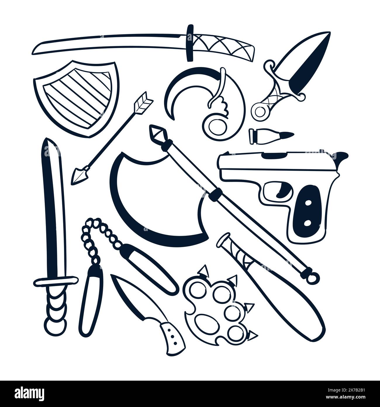 Arma da guerra disegnata a mano vettore. armi disegnate a mano strumenti scarabocchi. set di scarabocchi per armi Illustrazione Vettoriale