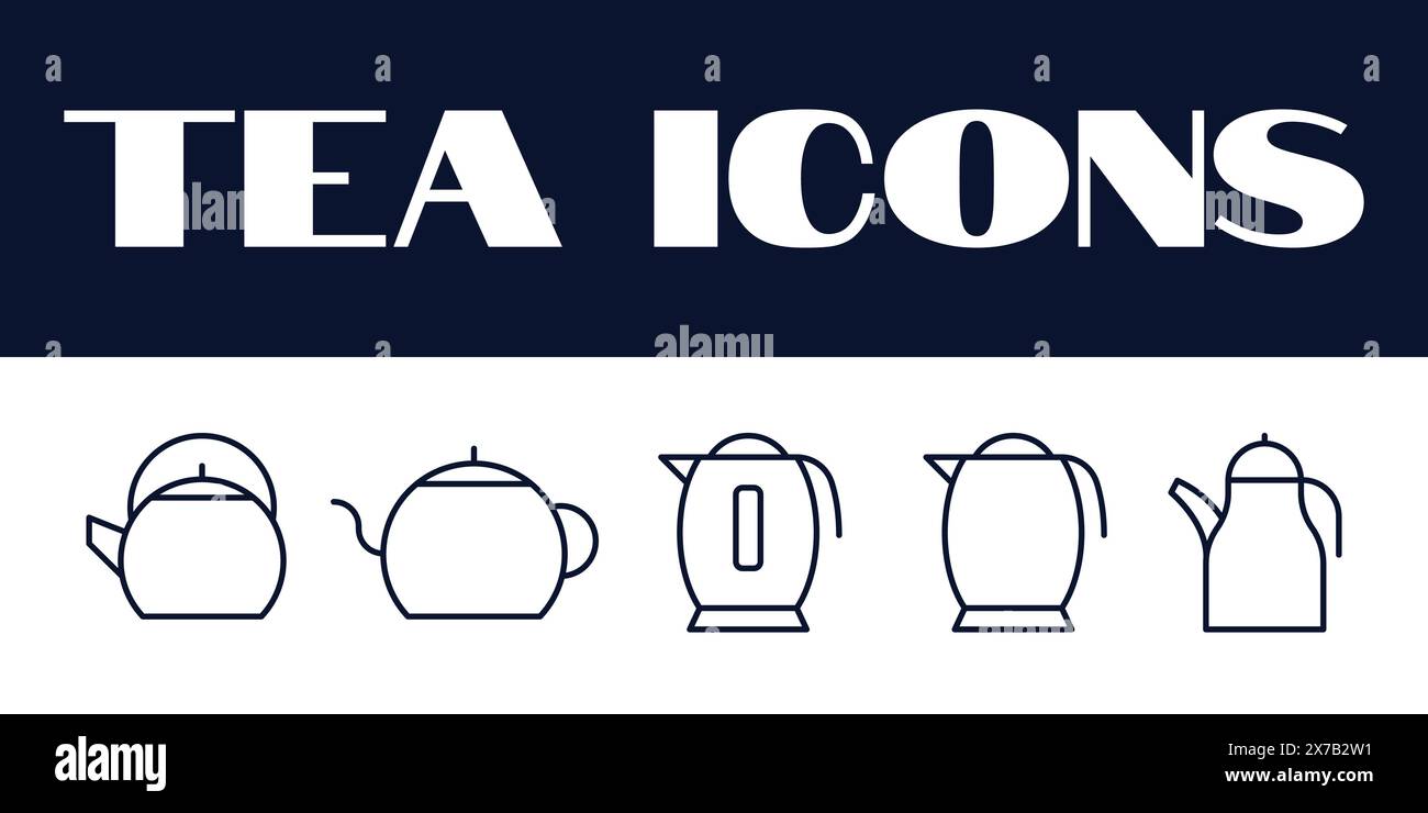 Set di icone delle bevande a base di tè. Illustrazione vettoriale dell'icona del tè delle bevande della linea. Icone del tè Illustrazione Vettoriale