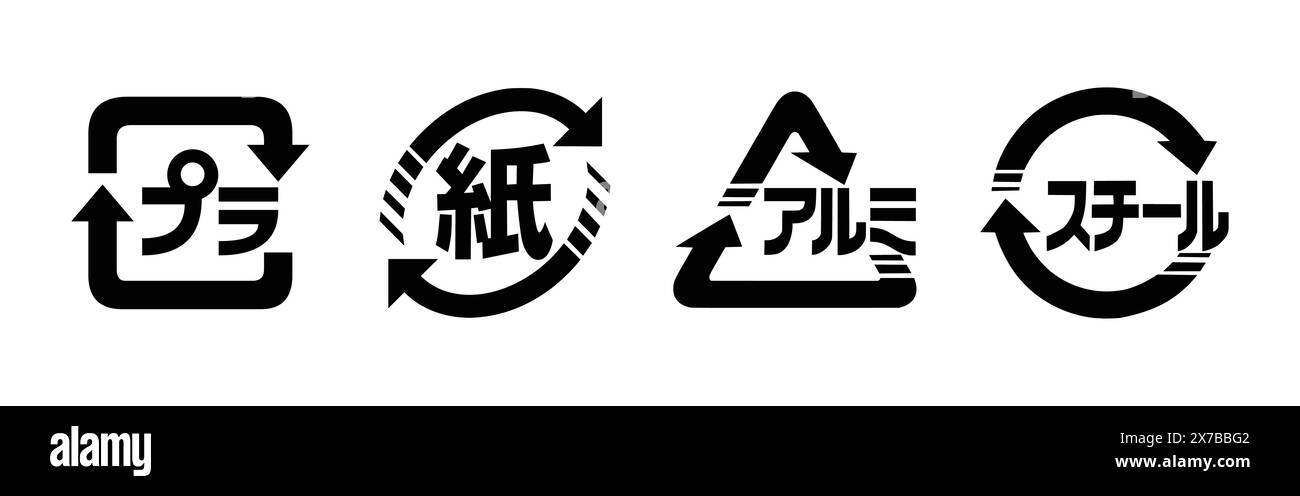Set icone di riciclaggio giapponese - plastica, carta, alluminio e acciaio. Simboli di riciclaggio giapponesi per imballaggi e scatole di cartone. Illustrazione Vettoriale