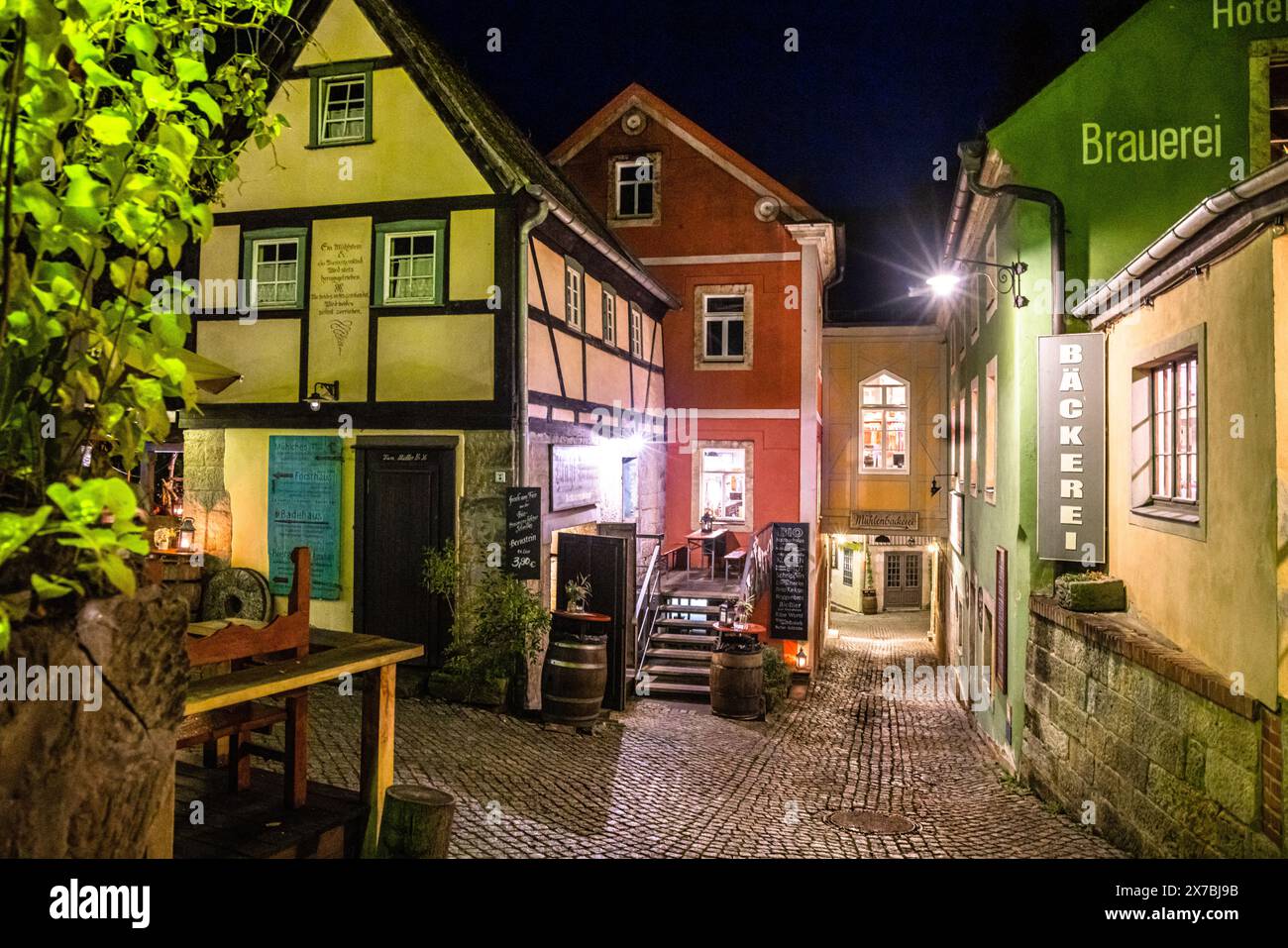 Schmilka di notte, Svizzera sassone, Sassonia, Germania Foto Stock