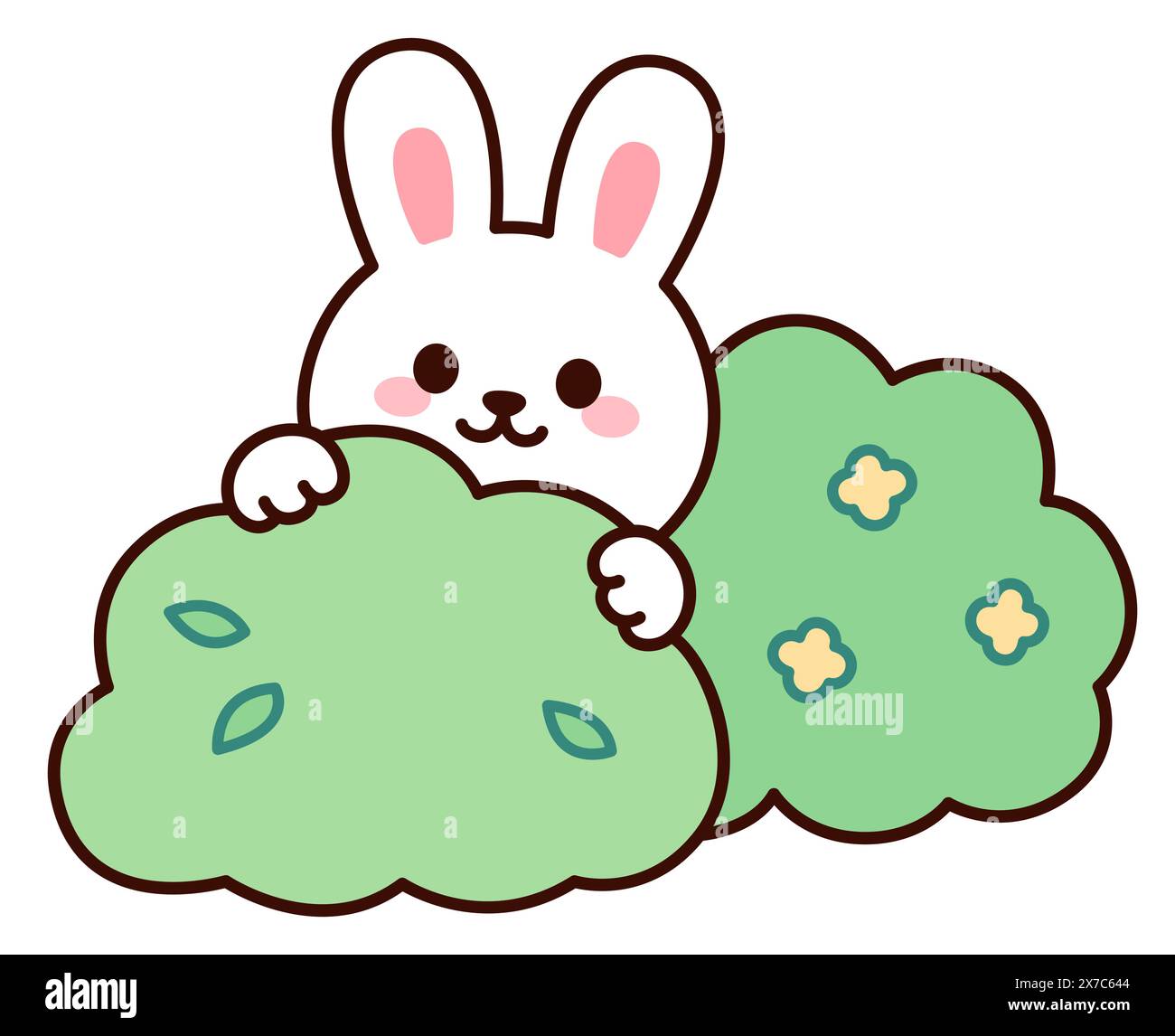 Carino coniglio cartoni animati nascosto tra cespugli. Kawaii Bunny divertente illustrazione vettoriale. Illustrazione Vettoriale