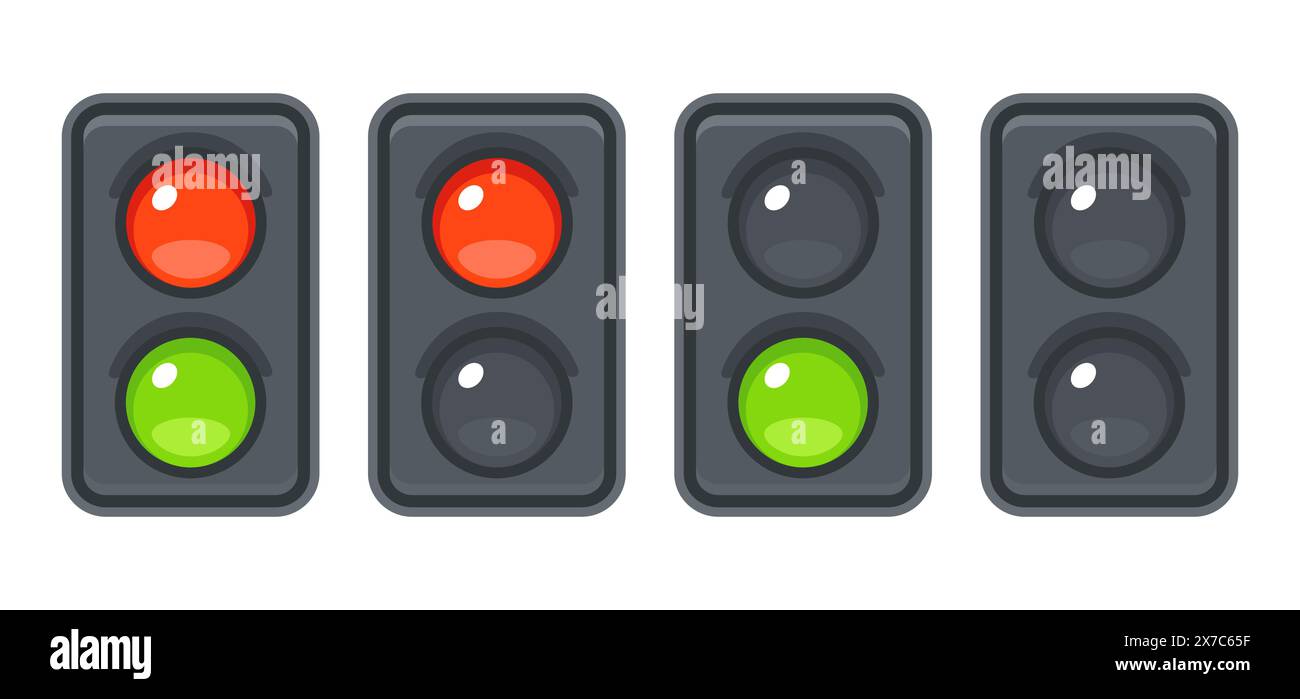 Icona semaforo impostata con luce rossa e verde. Illustrazione grafica di clip vettoriali in semplice stile cartoni animati. Illustrazione Vettoriale