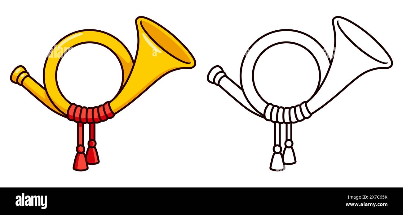 Icona a forma di corno, disegno a colori e disegno a linee in bianco e nero. Design tradizionale dei cartoni postali o dei corni da caccia. Illustrazione grafica clip vettoriale. Illustrazione Vettoriale