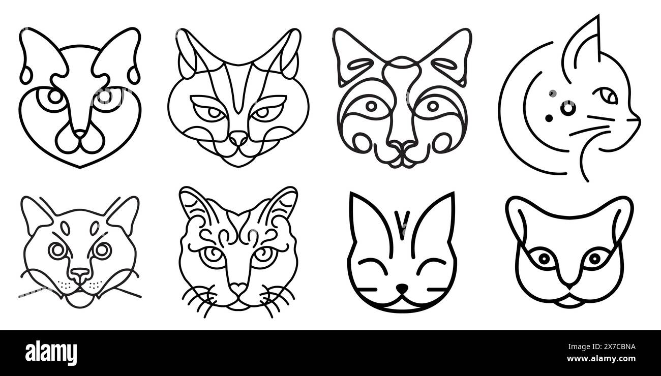 Minimal Line Art of Cat Faces Collection Illustrazione Vettoriale
