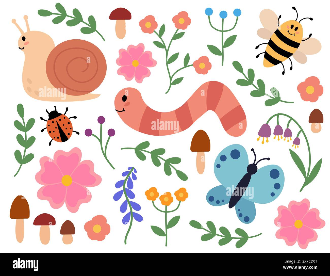 Set carino e accogliente di lumaca, vermi, farfalle, api, coccinelle, funghi e fiori. Clip art per bambini. Flora e fauna primaverili o estive. Piatta vettoriale Illustrazione Vettoriale