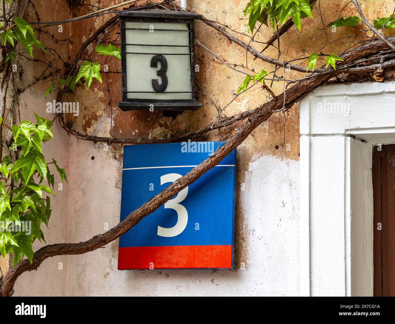 Vecchia e moderna targa con il numero 3. Dettagli architettonici. Fondo organico con motivo vegetale. Foto Stock