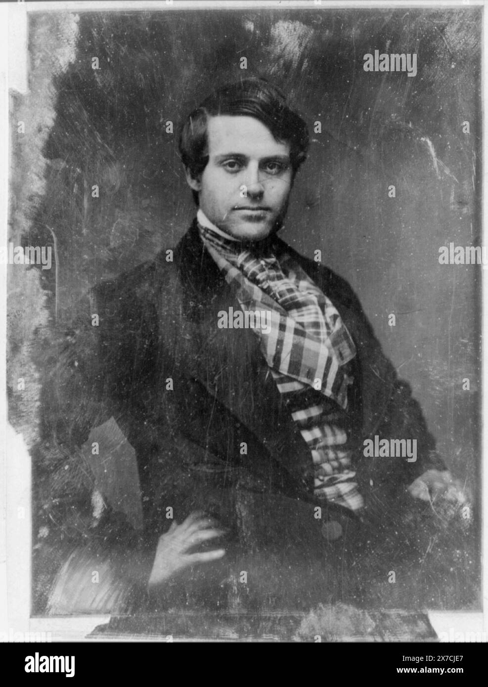 James Brown, mezza lunghezza ritratto, tre quarti a destra, occhi davanti, una mano sull'anca, indossare gilet plaid, identificazione dal ritratto in G.S. Hilliard, Memoir of James Brown, 1856., graffiato sul retro del piatto: 78 [cancellato]; 237; Life[] Brown., Hallmark: 40., Transfer; U.S. War College; 1920; (DLC/PP-1920:46153)., fa parte di: daguerreotype Collection , prodotto dallo studio di Mathew Brady. Brown, James, 1800-1855. Foto Stock