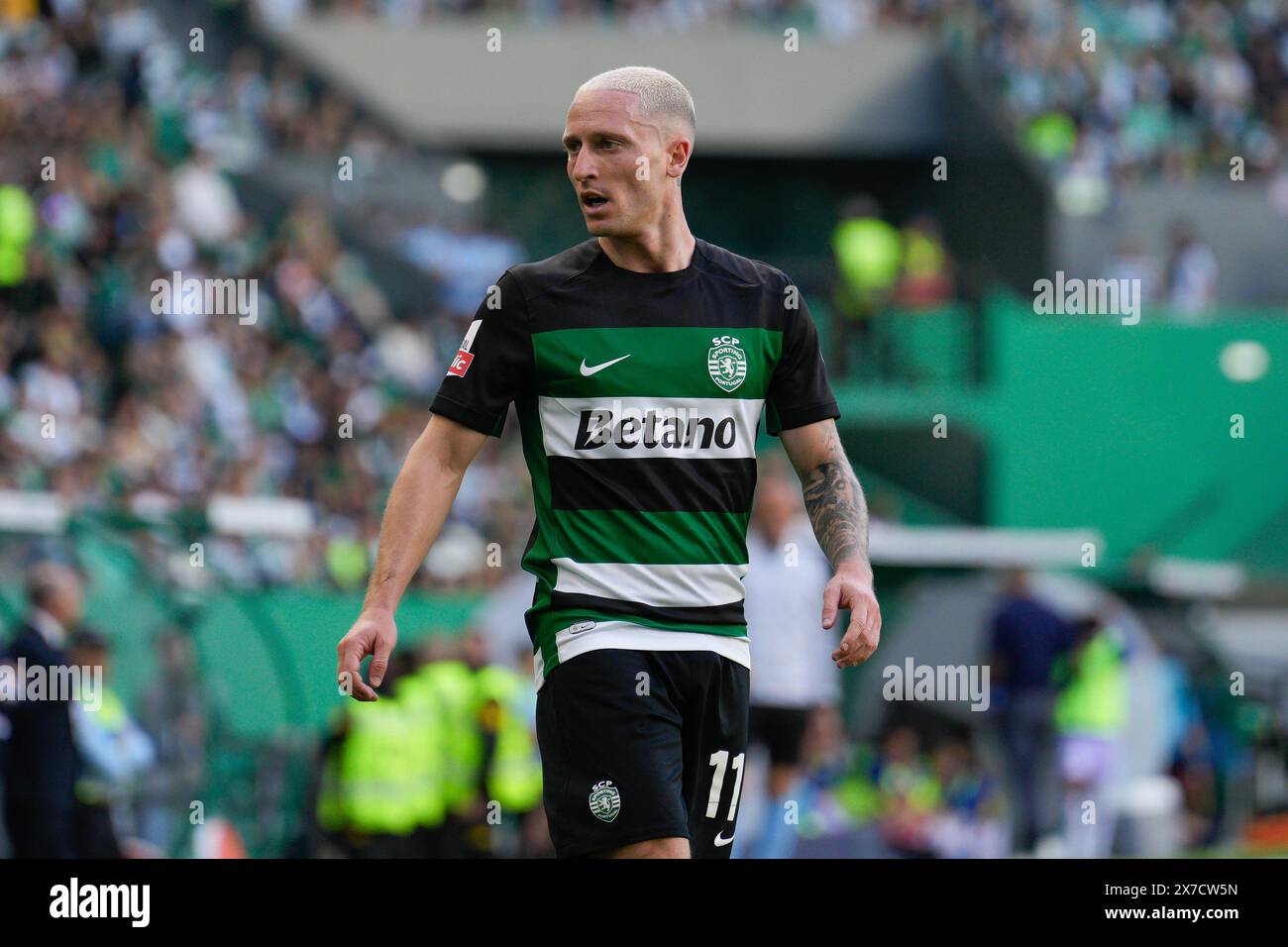 Nuno Santos dello Sporting CP reagisce durante la partita di calcio BWIN della Liga Portugal tra Sporting CP e GD Chaves all'Estadio Jose Alvalade. Partita finale della Liga Portugal BWIN dove lo Sporting CP ha ricevuto il trofeo della Portugues League Champions. Punteggio finale: Sporting CP 3:0 GD Chaves. Foto Stock