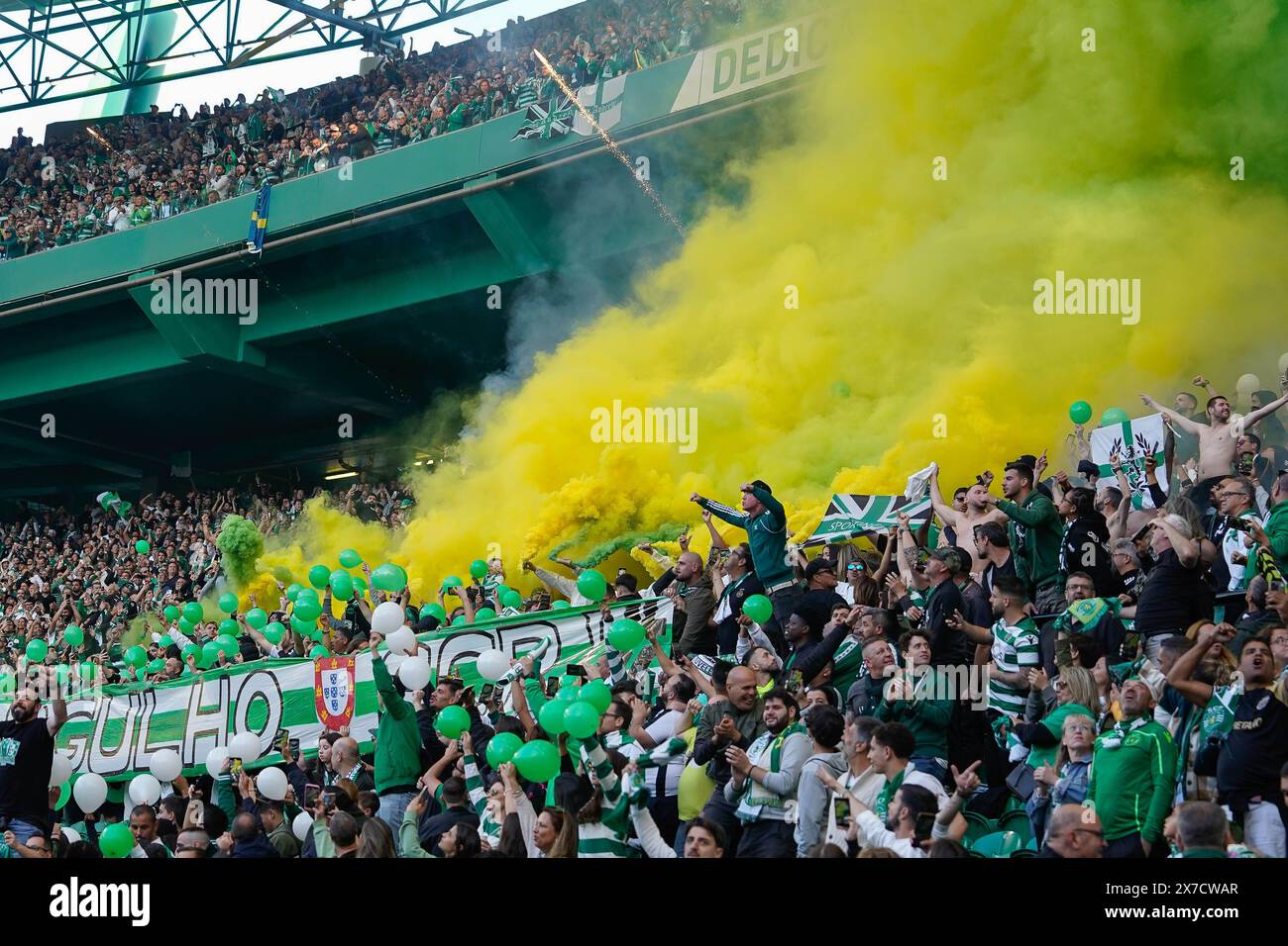 Tifosi sportivi visti durante la partita di calcio BWIN della Liga Portugal tra lo Sporting CP e GD Chaves all'Estadio Jose Alvalade. Partita finale della Liga Portugal BWIN dove lo Sporting CP ha ricevuto il trofeo della Portugues League Champions. Punteggio finale: Sporting CP 3:0 GD Chaves. Foto Stock